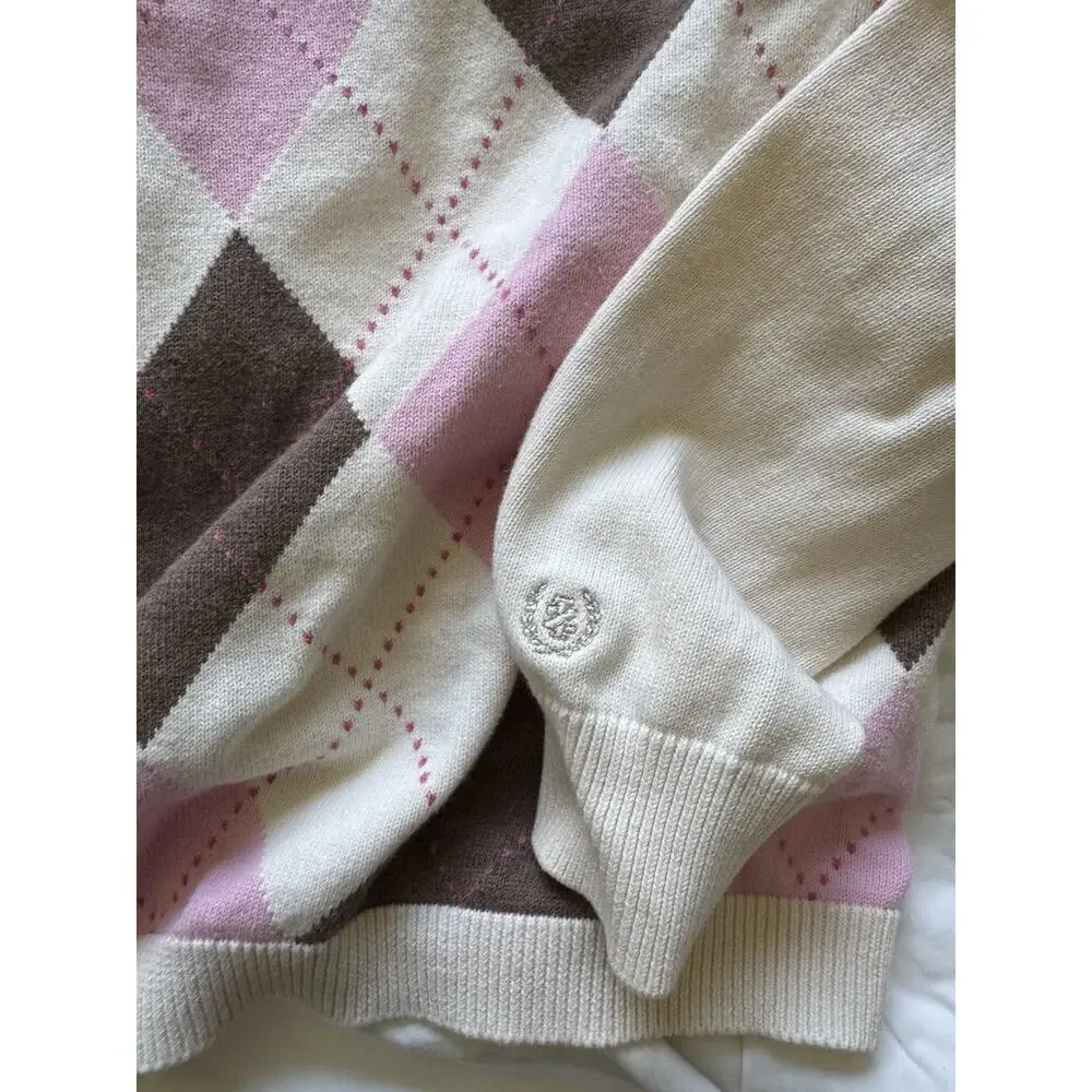 Vintage‎ Y2K Izod Argyle Golf Sweater Women's S V Neck Pink Brown Prep Summer